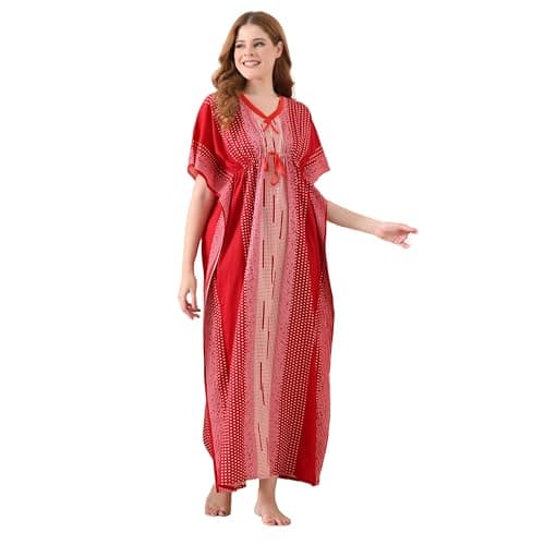 San Apparels Cotton Kaftan Nighty for Women – Soft 100% Cotton Night Dress with Floral Print, Free Size, V-Neck, Adjustable Drawstring – Summer Sleepwear, Maternity Loungewear, Feeding Gown Red