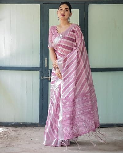 Kaugalian store Linen Cotton Stripe Printed Pink Saree For Women With Unstitched Blouse Piece 3