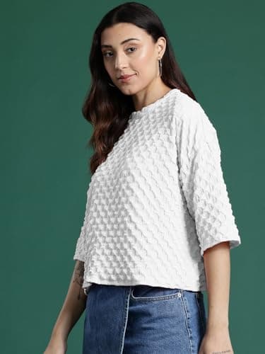 Zilcon Womens Round Neck Drop Shoulder Tops Half Sleeve Drop Shoulder Woman Stylish Western Knit Ribbed Casual T Shirt (in, Alpha, M, Regular, White) 4