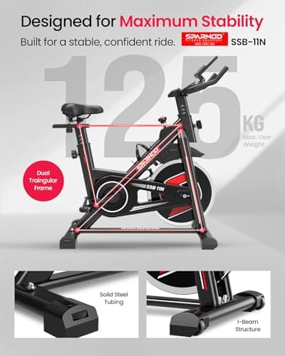 Sparnod Fitness SSB-11N Spinning Bike for Home Use, Heavy-Duty Chrome Flywheel 11kg, Silent Belt Drive, 4-Way Adjustable Seat, LCD Monitor, Adjustable Resistance with Emergency Brake, 125kg Capacity 3