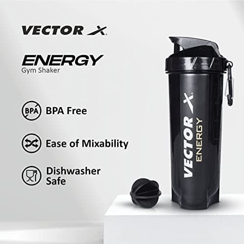 Vector X Plastic Gym Energy Shaker Bottle, Leakproof Guarantee Sipper Bottle Ideal for Protein, Preworkout and Bcaas, BPA-Free Material (Black, 600 Milliliters) (Black),600 ml 2