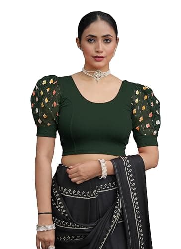 Amazon Brand - Anarva Round Neck Lycra Stretchable Puffed Elbow Sleeve Readymade Saree Blouse for Women Stylish (roli-Bottle-Green-Blouse-m)