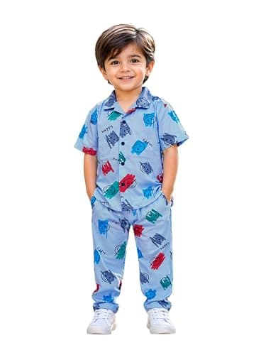 3BROS Unisex Pure Cotton Short Sleeve Kids Night Dress for Boys & Girls Nightwear/Sleepsuit/Sleepwear/Loungewear Night Suit for Boys and Girls Top and Pyjama Combo Set (Multicolor-25, 2-3 Years)