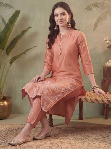 INDO ERA Women's White Pure Cotton Floral Printed Straight Fusion Kurta & Pant Set 2