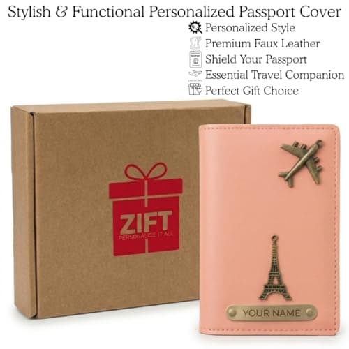 Zift Custom Name & Charm Faux Leather Passport Cover - 4 Card Slots Travel Organizer for Men & Women - Slim Passport Protector - Best for Diwali Birthday Farewell Return Corporate Gifts (Peach) 4