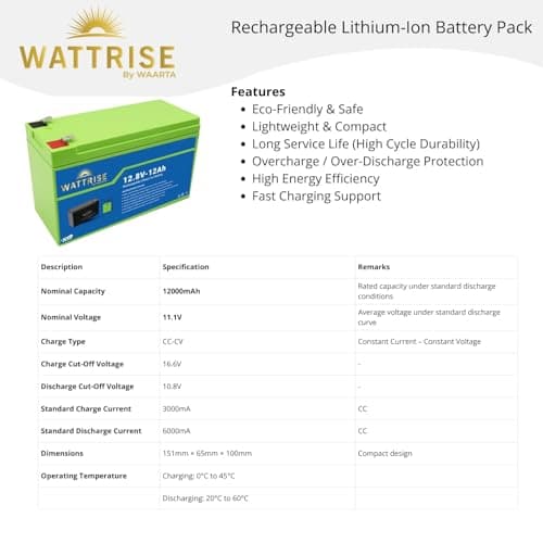 Wattrise 12.8V 12Ah Lithium-Ion Rechargeable Battery with BMS, 151x99x88mm, for Agriculture Spray Pump, Solar Light, CCTV, Marine Applications 4