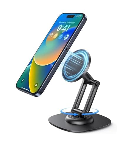 FUEL CO Magnetic Desk Phone Stand Aluminium Phone Holder 360 Degree Rotation Base Foldable Adjustable Mobile Magsafes Compatible iPhone 16 15 14 13 12 Pro Max Mini with 2 Magnet Rings (Black)