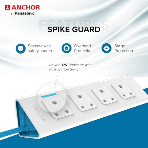anchor by panasonic 22061 6A Power Strip 4 Socket Spike Guard with Single Switch (1.5 m, White and Blue) 3