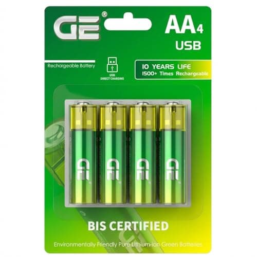 GE® AA Rechargeable Batteries (Lithium 1.5V - 2500 mWh) - New Launch in 2025 | Fast Charge (Direct USB‑A + Wireless) | Pack of 4 Batteries | 10 Years of Life and 1,500+ recharges, 3 Year Warranty