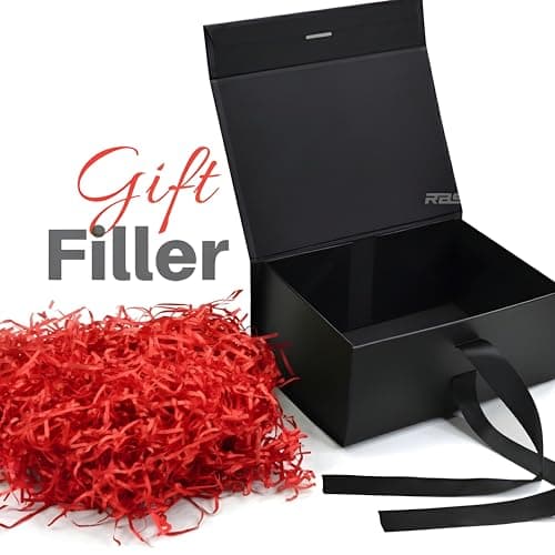 RBS® - Black Gift Box with Red Filler 23x16x10cm Empty Hamper Box for Gifting Holds Upto 5kg Sturdy Cardboard Gift Boxes with 25g Decorative Shredded Paper Birthday, Christmas, Valentine’s Day Packing 3