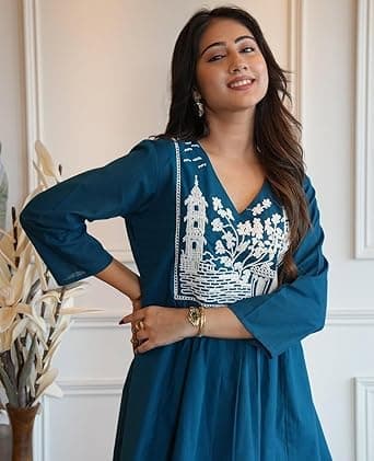 Embroidered Rayon Co-Ord Set for Women, Designer Kurta with Palazzo, Ethnic Motifs, V-Neck. (in, Alpha, XL, Regular, V-Blue_Set) 4