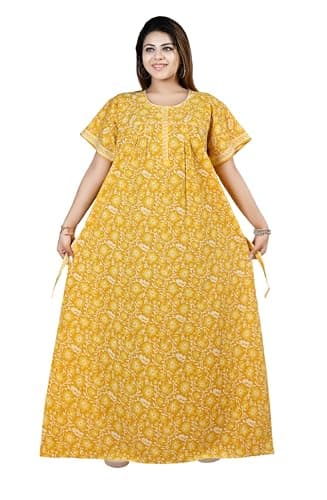 Bejod's Collection Yellow Nighty for Women Front Zip Open | Pure Cotton Maxi Nighty Printed Floral | Full Length Nightgown | Plus Size Loose Fit Summer Nightwear L -4XL (Yellow, 3XL)