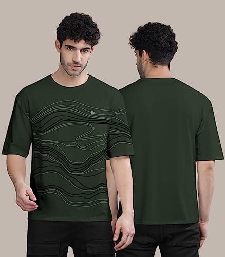 BULLMER Trendy Front Printed Oversized Round Neck T-Shirt for Men - Dark Green/Large 2