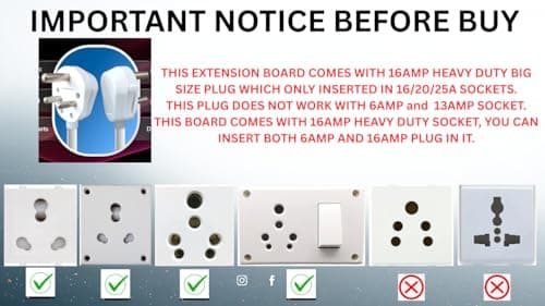 ENERHAWK Heavy Duty Extension Board 20amp 3500 watt | high load capacity electric extension cord power strip 1 meter copper cable | 20 amp socket for AC refrigerator, geyser, ev charger charging, oven 6