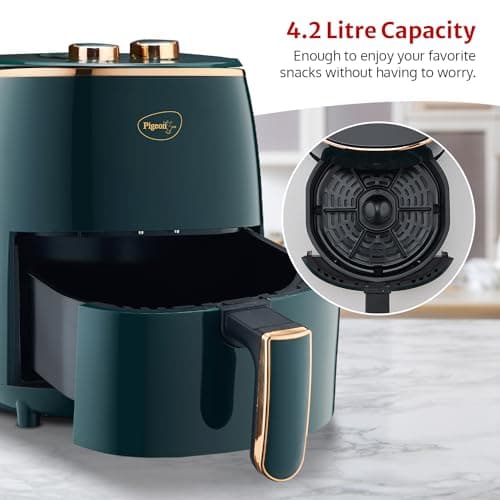 Pigeon Healthifry Manual Air Fryer, 360° High Speed Air Circulation Technology 1200 W With Non-Stick 4.2 liter Basket- Green 6