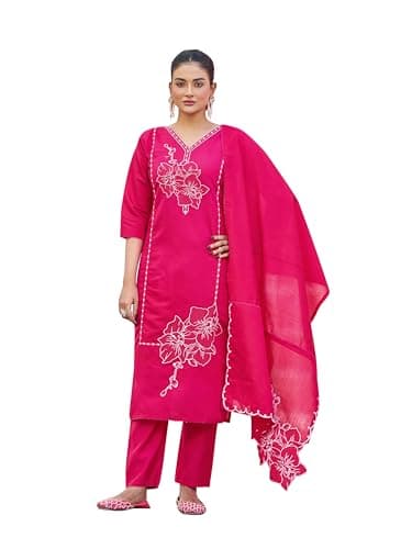 SWORNOF Kurta Set for Women with Dupatta | Premium Cotton Blend Solid Kurta Set for Women with Dupatta | Thready Work | Soft and Skin Friendly | Kurta Pant Set (PINK, S)