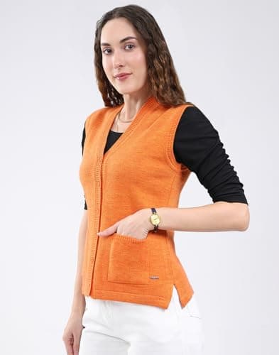 Monte Carlo Women's Regular Fit Cardigan | Solid Pattern | Button Closure with Sleeveless V Neck | Light & Layered Style Cardigan for Women Orange L (Pack of 1) 2