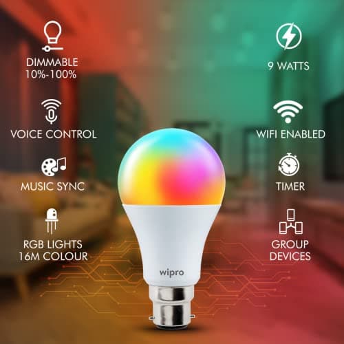 wipro 9-Watt B22 WiFi Smart LED Bulb with Music Sync (16 Million Colours + Warm White/Neutral White/White) (Compatible with Amazon Alexa and Google Assistant), Standard (NS9400)(Pack of 1) 4