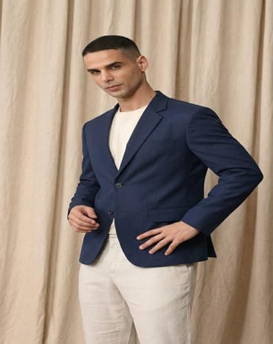 MAYKR Men's Navy Blue Blazer, Single-Breasted Formal Suit Jacket with Notch Lapel and Pocket Square 3 4
