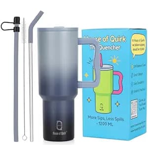 House of Quirk 1200ML Stainless Steel Tumbler with Handle & Lid, 2 Straws – Large Travel Mug Water Cup for Gym, Office & Outdoor Use (Stone Wash)
