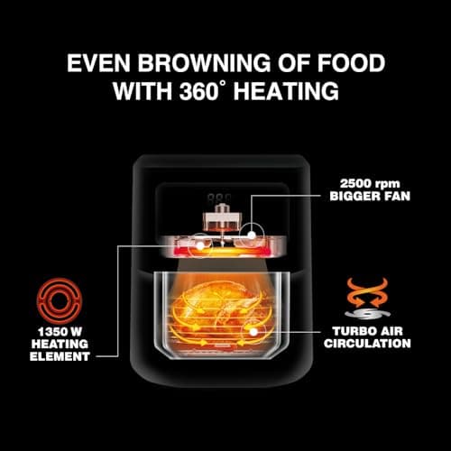 USHA Ichef Smart Air Fryer 4.5L,10 In 1 Functions10 Preset Menu|Digital Display&Touch Panel|Transparent Window|Illuminated Chamber|Turbo Air Circulation|Oil Free Cooking|Auto Pause/Start(Black),1350W 4