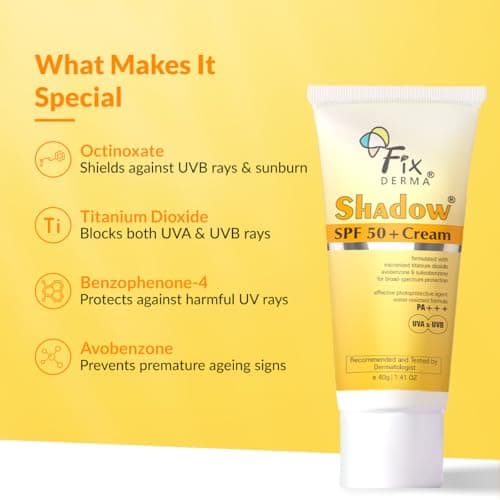 Fixderma Shadow Sunscreen SPF 50+ PA+++ Cream | Sunscreen for Dry Skin | No White Cast | UVA & UVB Protection | For Women & Men | Non Greasy & Water Resistant - 40 gm 4