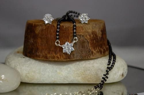 JFL - Jewellery for Less Traditional Ethnic Silver Plated Cz American Diamond Flower Shape Pendant Mangalsutra Set for Women.(Small),Valentine 3