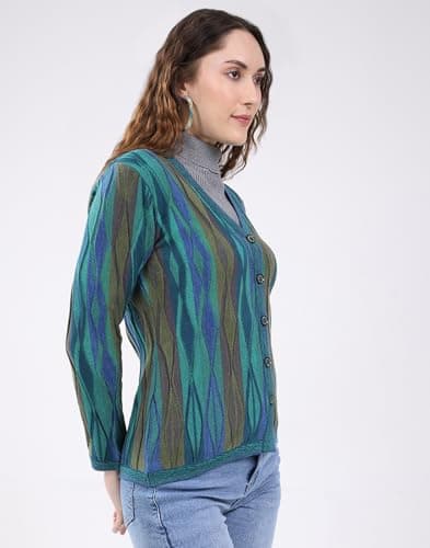 Monte Carlo Women's Regular Fit Cardigan | Printed Pattern | Button Closure with Full Sleeve V Neck | Printed Winterwear Cardigan for Women Green M (Pack of 1) 3