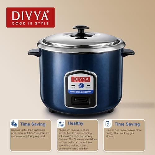 DIVYA Stainless Steel 1.8 L Electric Rice Cooker for Home | Indigo Steel Body | 700 W Efficient Heating | Cook & Keep Warm Function | Detachable Power Cord | Family Size Rice Cooker 3