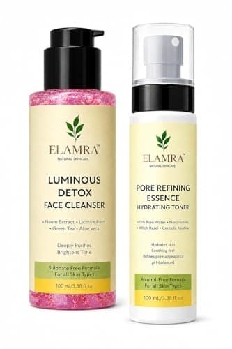 ELAMRA Cleanse & Tone Kit | Luminous Detox Face Wash + Pore Refining Essence Toner | Neem 2% + 15% Rose Water + Witch Hazel + Niacinamide | Deep Cleanse + Pore Control + Oil-Free | 200ml
