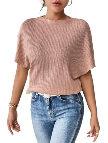 Zilcon Women Fashion Fall Batwing Half Sleeve Shirts Boat Neck Oversized Tunic Tops Casual Waffle Knit Shirts Tops for Women (in, Alpha, XL, Regular, Dusty Pink)