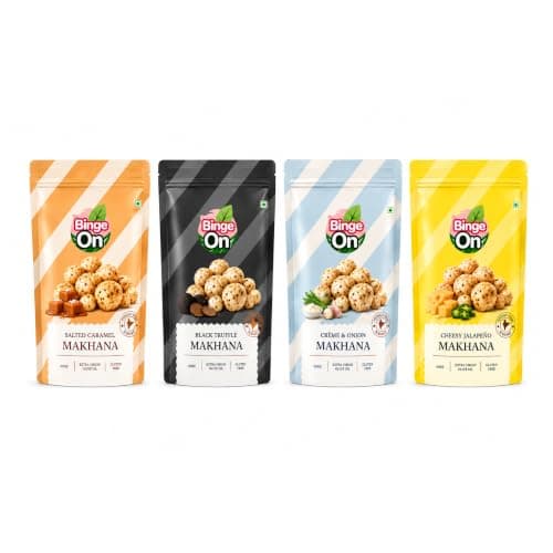 Binge On Gourmet Indulgence Collection - Ghee Roasted Gourmet Makhana Variety Pack - Salted Caramel, Black Truffle, Cream & Onion & Cheesy Jalapeno - Crunchy Healthy Snack - 4 x 20g Pack