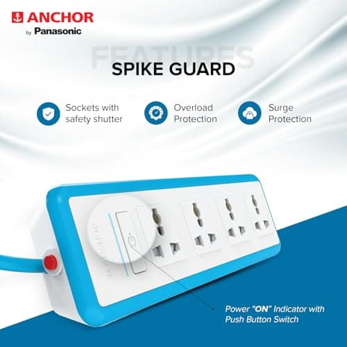 Anchor by Panasonic 6A Universal Socket with Surge and Over load protection | 6A Extension Board with 1.5 Mtr Extension Cord | Multi Plug Socket for Home Wall, Office (22076) 2