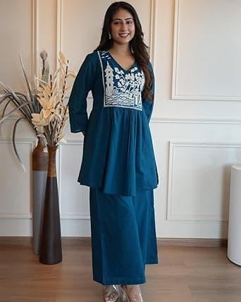 Embroidered Rayon Co-Ord Set for Women, Designer Kurta with Palazzo, Ethnic Motifs, V-Neck. (in, Alpha, XL, Regular, V-Blue_Set) 5