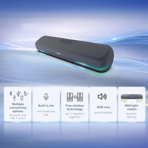 Philips TAB4120BL/94 Wireless Bluetooth Soundbar, 20W, 8H Playtime, Bluetooth 5.1, TWS Mode, RGB Light, LED Indicator, Built-in Mic, Voice Assistant, AUX/USB/TF Card Input, USB-C Charging (Sky Blue) 2