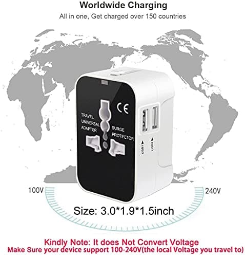 2 USB Ports Universal Travel Adapter, rts Worldwide International All in One Universal Power Wall Charger AC Power Plug Adapter Converter with 2 USB Charging Ports for USA EU UK AUS Cell Phone Laptop 3
