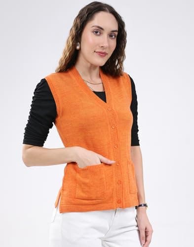 Monte Carlo Women's Regular Fit Cardigan | Solid Pattern | Button Closure with Sleeveless V Neck | Light & Layered Style Cardigan for Women Orange L (Pack of 1) 3