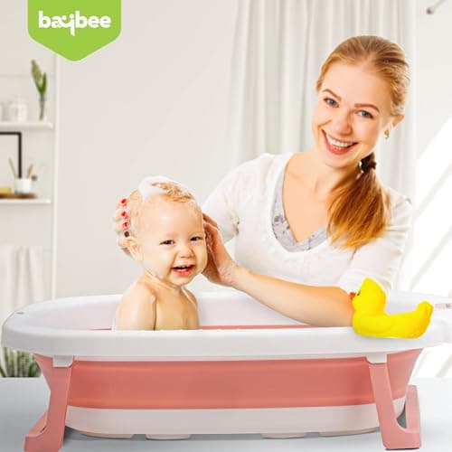 Baybee Jolly Bath Tub for Baby 0 to 5 Years | Foldable Baby Bath Tub for Kids with Anti Skid Base & Drainer | Mini Swimming Pool for Babies | Bather & Bathtub for Newborn Boys Girls (Pink) 2