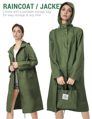 Venzina® Raincoat for Women High Waterproof Hooded Rain Jacket Zip-up Rain Coat Knee-length Lightweight Rainwear with Storage Pouch, Stylish A-line Poncho for Camping, Commutes, Travel, Green-L 5