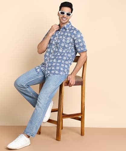 BLOCKS OF INDIA Men Cotton Regular Fit Hand Block Print Half Sleeves Summer Shirt (Medium, Color_3), Blue 4