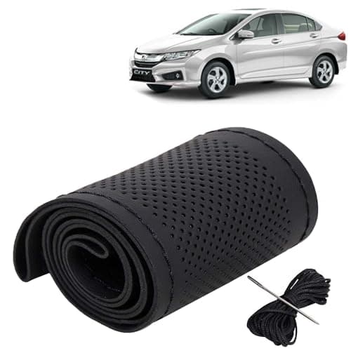 KINGSWAY® Car Steering Wheel Cover Sewable Compatible with Honda City (Year 2014-2016), Top-Notch PU Leatherite, Black Color with Black Thread, Pack of 1 with Sewing Needle and Thread