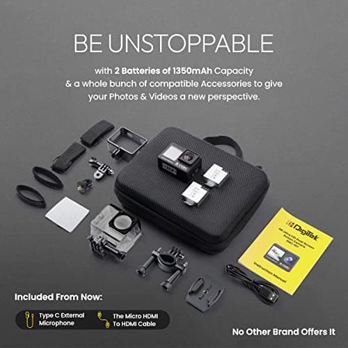 Digitek GoCAM DAC-101 5K 30FPS 48MP WiFi Action Camera with Dual Touch Screen, 150° Wide Angle, 6-Axis EIS, External MIC, Waterproof Case, 2×1350mAh Batteries & Accessories Kit (Black). 3