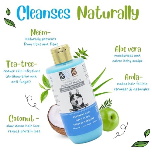 BWB Natural Dog Shampoo for Siberian Husky .PARABEN Free+Alcohol Free+pH Balance with Conditioner & Moisturiser and Added Alovera,NEEM,Coconut & Amla extracts (250ML + DEOSPRAY) 5