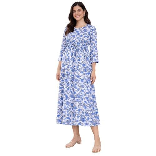 MomToBe Women's Maternity Dress Cotton Feel | Knee Length Pregnancy & Feeding Dress with Zippers | Baby Shower & Nursing Gown for Women (Saphire Blue ; Medium)