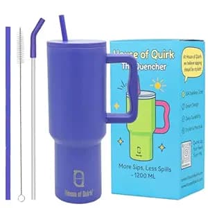 House of Quirk 1200ML Stainless Steel Tumbler with Handle & Lid, 2 Straws – Large Travel Mug Water Cup for Gym, Office & Outdoor Use (Purple)