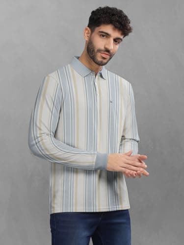 BULLMER Striped Textured Printed Polo Neck Fullsleeve T-Shirt with Rib for Men_Blue_Small 4