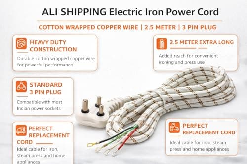 ALI SHIPPING Power Cord 2.5 Meter, Cotton Wrapped Copper Cable with 3 Pin Plug, Heavy Duty Replacement Wire for Steam Press, Home Appliance, Electric Power Cable 3