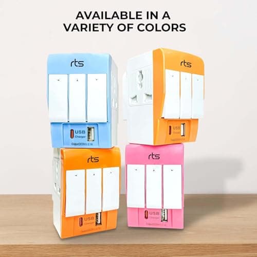 rts 3 Pin Multi Plug Socket-Worldwide Universal Travel Adapter with USB Ports & Type-C PD Individual Switch Safety Shutter LED Indicator-3 Way Plug Socket (5A-250V) Type D Plug for Home Office White 5