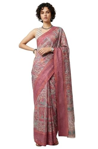 Janasya Women's Maroon Silk Blend Ready To Wear Ethnic Printed Saree With Unstitched Blouse