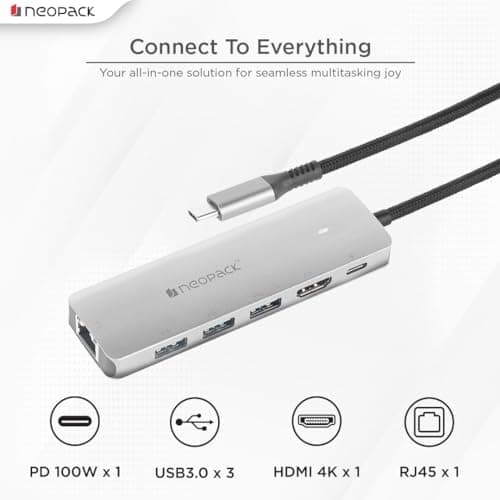 Neopack 6 in 1 USB C Hub Multiport Adapter with HDMI 4K 30Hz, 100W PD Fast Charger, USB 3.0 5Gbps Data Ports, RJ45 for MacBook Pro, MacBook Air, iPad Pro, XPS & More 3